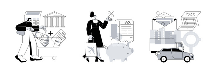 Poster - Transportation taxes abstract concept vector illustration set. Value added tax system, tax free service, transportation surtax, VAT number, purchase cost, transit service fee abstract metaphor.