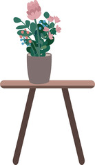 Poster - Coffee table with houseplant semi flat color raster object. Beautiful flowers. Full sized item on white. Flowering plant in pot simple cartoon style illustration for web graphic design and animation