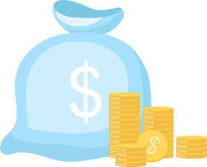 Poster - Blue bag with money semi flat color raster object. Full sized item on white. Wealth and status. Transporting and storage coins simple cartoon style illustration for web graphic design and animation