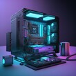 Gaming computer. Computer Repair. The gaming computer glows on a dark table. 3d illustration