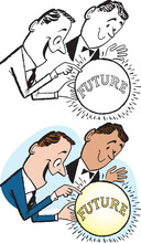 A Vintage Retro Cartoon Of A Pair Of Businessman Peering Into A Crystal Ball To Predict The Future. 