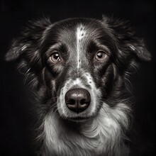  A Black And White Dog With A White Spot On His Face Looking At The Camera With A Black Background