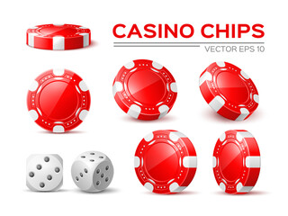 Realistic casino red chips. Gambling accessories collection, different viewing angles, poker and roulette betting, white dice with black dots, fortune game tokens, 3d element utter vector set