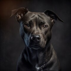 Wall Mural -  a black dog with a collar looking at the camera with a serious look on his face and eyes Generative AI
