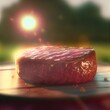  a piece of meat sitting on top of a wooden table next to a green field and a bright sun Generative AI