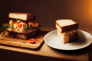 Poster -  a sandwich cut in half on a plate on a table next to a knife and fork with tomatoes on it Generative AI