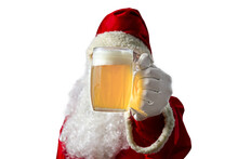 Santa Claus With A Mug Of Beer. Transparent Background And Selective Focus.