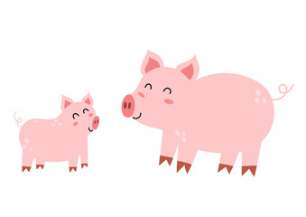 Wall Mural - Mother pig with her baby piglet. Cute farm animal characters - mom and her child. Mother Day print for kids. Vector illustration