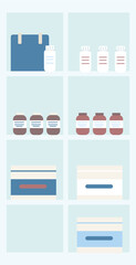 Poster - Medical products storage semi flat color raster object. Organizing drugs, containers. Full sized item on white. Pharmacy shelves simple cartoon style illustration for web graphic design and animation