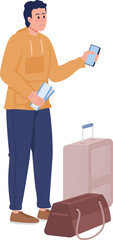 Poster - Young man with luggage bags and flight ticket semi flat color raster character. Standing figure. Full body person on white. Simple cartoon style illustration for web graphic design and animation