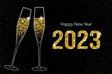 2023 Happy New Year. Champagne Glasses Vector Illustration. Restaurant Glassware. Bubbly In Glass. Champagne Glasses Flat Icons, Fizzy Champaign In Goblet. Holiday Gold Glitter Confetti. 2023 New Year
