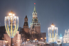 Moscow, Russia - December 30, 2020: Spasskaya Tower. Winter Moscow Before Christmas And New Year. Kremlin And Red Square, Moscow, Russia.