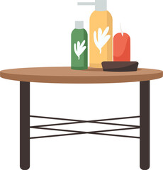 Poster - Table with cosmetic products and candle semi flat color raster object. Full sized item on white. Natural, organic skin care goods simple cartoon style illustration for web graphic design and animation
