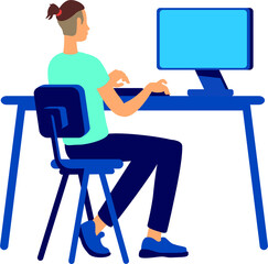 Fototapete - Young man working on computer semi flat color raster character. Sitting figure. Full body person on white. Remote job simple cartoon style illustration for web graphic design and animation