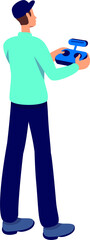 Poster - man using using remote control for drone semi flat color raster character. standing figure. full bod