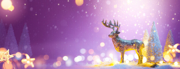 Wall Mural - christmas greeting card or banner design with santas reindeer and snowy tree decoration; copy space