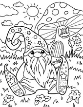 Cute Gnome Near The Mushroom House. Coloring Book For Children. Gnome Coloring Book. Black And White Vector Illustration.