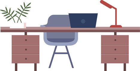 Fototapete - Home office furniture semi flat color raster object. Full sized item on white. Office desk with armchair and laptop simple cartoon style illustration for web graphic design and animation