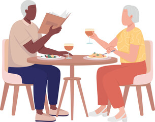 Wall Mural - Elderly couple having dinner together semi flat color raster characters. Sitting figures. Full body people on white. Simple cartoon style illustration for web graphic design and animation