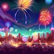 Pyrotechnics and fireworks in city background with city sky