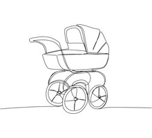 Pram In Retro Style One Line Art. Continuous Line Drawing Of Childhood, Safety, Protection, Transportation, Personal, Classic Style, For Winter.