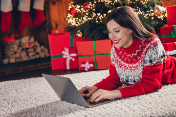 Poster - Photo of positive cute lady lying floor use netbook typing chatting followers make order prepare gift present room interior house indoors