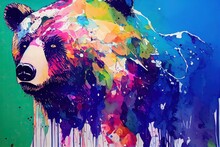 Isolated Bear Watercolour Splashes With Ink Painting, Llustration Art
