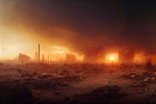 Post-apocalyptic Ruined City, Dead Wasteland. Destroyed Buildings, Destroyed Roads, Collapsed Skyscrapers. Apocalypse Concept Illustration As Header Wallpaper Background