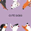 Vector illustration of cute dogs. A set of cool pets. Popular dog breeds in flats style. Dalmatian, Corgi, Bull Terrier, Dachshund. Banner, Poster for pet store, veterinary clinic.Web banner, postcard