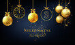cartão ou banner em um feliz natal e um feliz ano novo 2023 em ouro com bolas de natal penduradas na cor dourada um relógio em um fundo preto com glitter