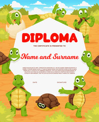 Wall Mural - Kids diploma. Cartoon turtles. Cheerful tortoise animal characters on elementary school certificate, education achievement award document or diploma vector template with cheerful turtle personages