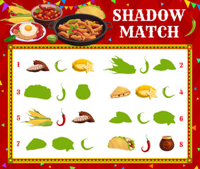 Poster - Shadow match game, mexican food. Vector kids quiz worksheet with tex mex tortilla, tacos, corn and jalapeno pepper, cocoa beans, mate gourd and carambola fruit. Puzzle for children activity