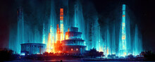 Nuclear Power Station With Blue Cherenkov Radiation As Panoramic Wallpaper Background