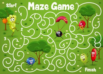 Poster - Labyrinth maze. Cartoon berry characters on summer vacation. Kids educational game with grape, blueberry and gooseberry, rosehup and currant. Playing activity riddle or quiz vector worksheet,