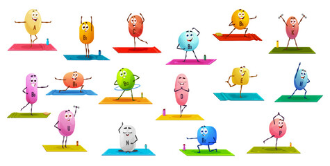 Poster - Cartoon vitamin characters and personages on yoga fitness. Vitamins dragee, medicine drugs pill or food supplement funny cheerful characters doing fitness and yoga exercises, meditating on mats