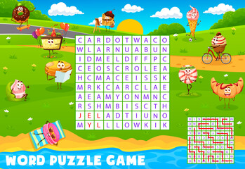 Aufkleber - Cartoon desserts, sweets, cookie and cake characters. Word search puzzle game. Child intelligence test, vocabulary and letters learning game vector worksheet with donut, candy and croissant, pancakes