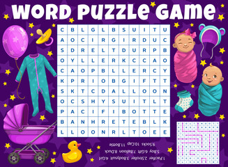 Aufkleber - Cartoon newborns and kids toys word search puzzle game worksheet, kids quiz grid. Vector wordsearch sheet for children recreation and education. Brainteaser with baby stroller, clothes and little kids