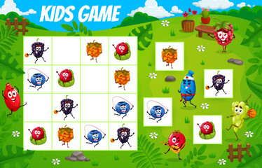 Poster - Sudoku kids game. Cartoon berry characters on summer party. Child logical rebus, preschool children sudoku book vector worksheet or kids puzzle game with raspberry, blackberry and blueberry, cowberry
