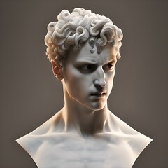 Wall Mural - 3D illustration featuring a white marble statue bust of a young ancient Greek or Roman man with chiseled features.