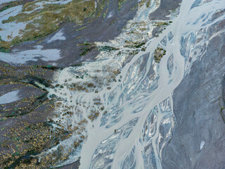  Aerial view of rivers and creeks flowing to Embalse de Yeso in Cajon del Maipo near Santiago de Chile