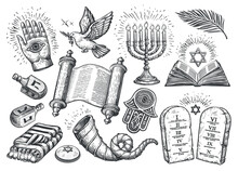 Jewish Set. Religion Concept Sketch Vector Illustration. Torah Scroll, Menorah, Shofar, Tablets With Commandments