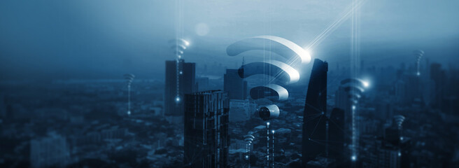 Fototapete - Wireless communication network concept. internet technology and social networking of global connection. Blue tone.
