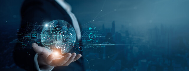 Leinwandbilder - Digital banking, Businessman holding online banking and payments, Finance and banking network. AI, Fintech, Customer networking connection, Digital marketing. cyber security. Business technology.