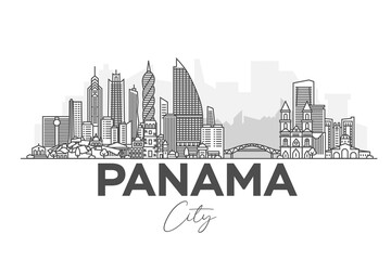 Wall Mural - Panama City, Republic of Panama architecture line skyline illustration. Linear vector cityscape with famous landmarks, city sights, design icons. Landscape with editable strokes.