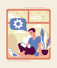 Poster - working on window. young guy sits with book and laptop, comfort and coziness in house, apartment. fr