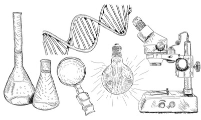 science chemistry set hand drawn vector. school formula, physics laboratory, scientific education, research experiment, dna technology science chemistry sketch. isolated black illustration