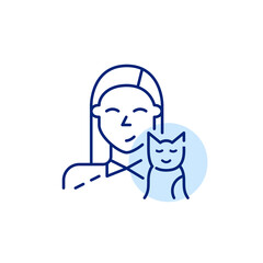 Wall Mural - Cute young girl and her kitten. Happy pet owner icon. Pixel perfect, editable stroke line design