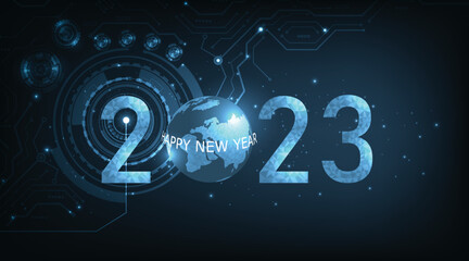 Poster -  Concept of New Year 2023 Technology background.Dark blue low poly triangle connection New Year 2023 design background with sparkling glow effect.