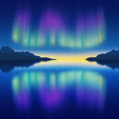 Wall Mural - aurora borealis reflected in water, winter holiday illustration, northern nature