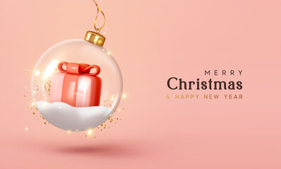 Wall Mural - merry christmas and happy new year. christmas ornaments glass transparent balls with gift box side o